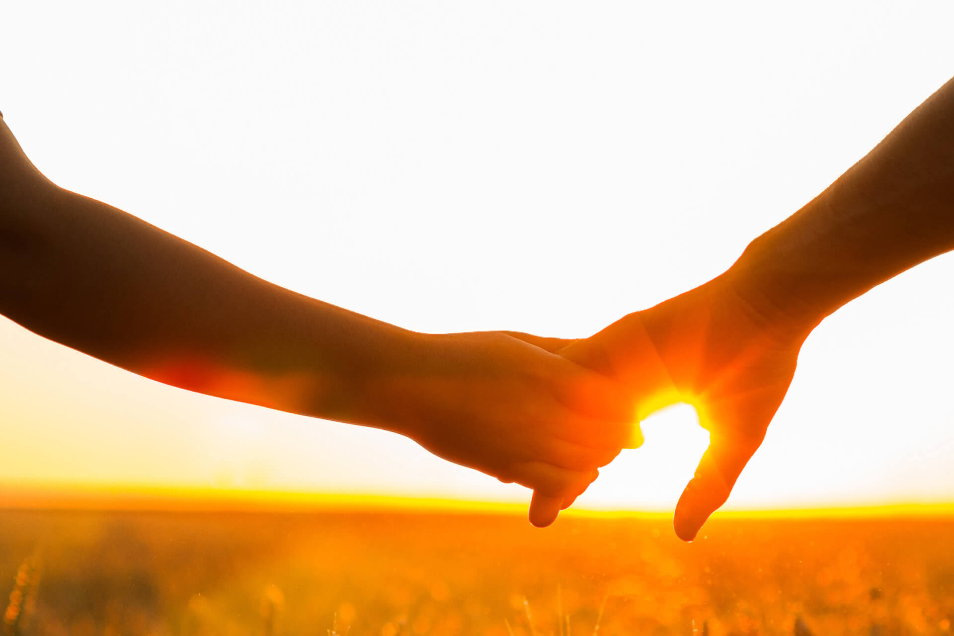 Ein Paar läuft in den Sonnenuntergang auf einem Feld, wovon nur die haltenden Hände zu sehen sind.