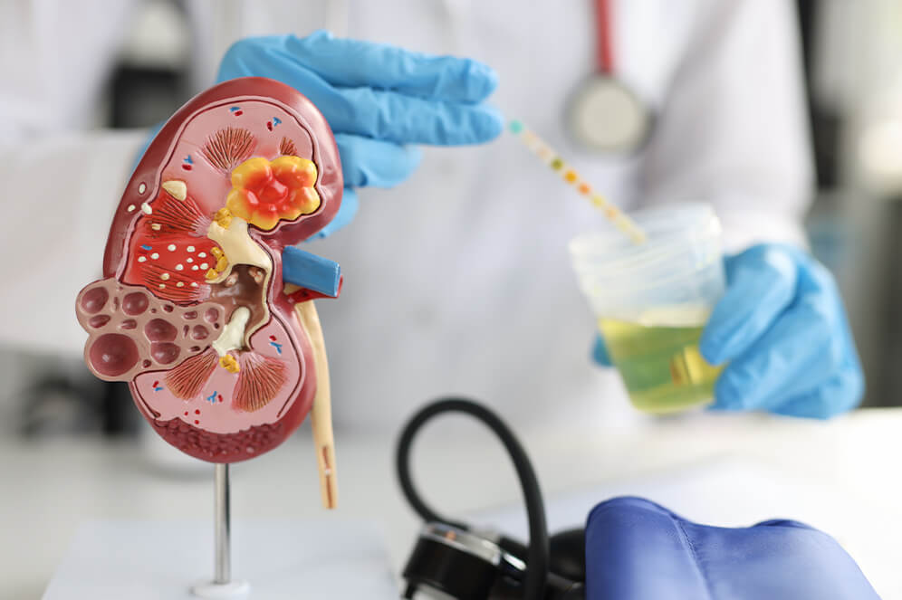Ein medizinisches Nierenmodell steht im Fokus. Im Hintergrund sind die Hände eines Doktors, welche ein Stäbchen in einem Urinbecher halten - Krebsfrüherkennung Mannheim