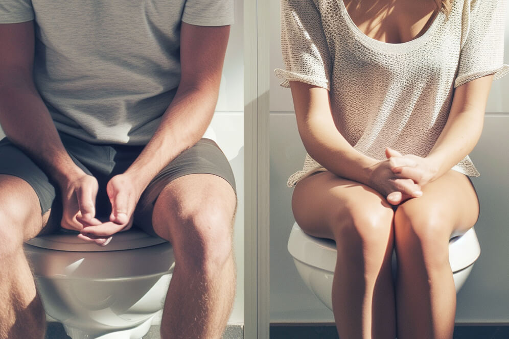 Ein Mann und eine Frau sitzen getrennt auf der Toilette. Die Szene betont die Notwendigkeit, nach dem Geschlechtsverkehr die Blase zu entleeren. Unter der Vorhaut des Mannes können sich Bakterien ansammeln, die in die Blase gelangen und dort Infektionen verursachen können. Es ist daher ratsam, nach dem Sex schnell die Blase zu entleeren, um eventuell übertragene Keime aus der Harnröhre zu spülen und zu verhindern, dass sie sich in der Blase festsetzen.